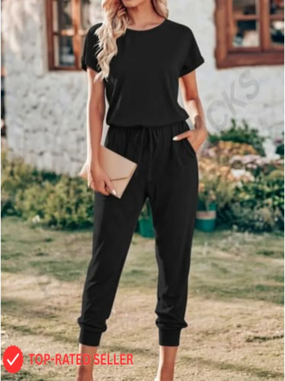Women's Casual Stretchy Jumpsuit Crew Neck Romper with Pockets